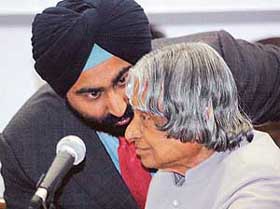 President A.P.J. Abdul Kalam is all ears to Mr Malvinder Mohan Singh, President and Executive Director, Ranbaxy, at the inauguration of the companys research and development centre in Gurgaon