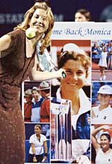 Monica Seles hits a tennis ball to the crowd during a ceremony in her honour at the Rogers Cup in Toronto on Monday