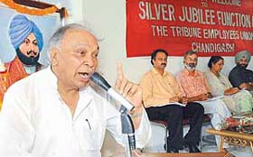 The Punjab Finance Minister, Mr Surinder Singla, makes a point during a seminar organised by The Tribune Employees Union in Chandigarh