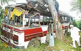 The ill-fated bus that smashed into a tree, killing one person and injuring 22 in Sohara village near Kurali on Friday.