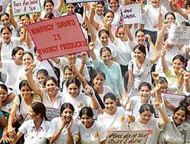 Students of MCM DAV College, Sector 36,Chandigarh, participate in a rally on Saturday.