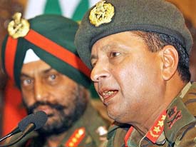 Lieut-Gen Hari Prasad, GOC-in-C, Northern Command, flanked by 15 Corps Commander Lieut-Gen S.S. Dhillon, addresses a press conference at the Badami Bagh cantonment in Srinagar 