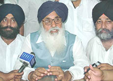 Shiromani Akali Dal President and former Chief Minister Parkash Singh Badal addresses a press conference in Jalandhar on Sunday. 