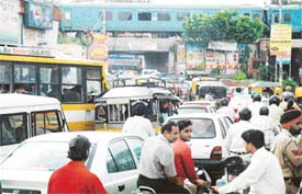 Traffic moves at a snails pace on Domoria Bridge Road in Ludhiana 