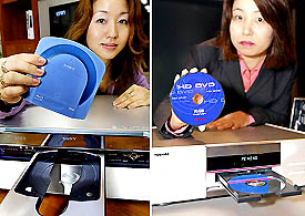 This combo picture shows the next-generation DVD players Sony Blue-ray disc recorder,BDZ-S77 and Toshiba's high-definition DVD player prototype model