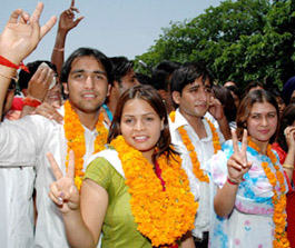 NSUI candidates for DUSU polls Ragni Nayak for president, Amrita Dhawan for VP, Ramit Sehrawat for secretary and A.A Deepak Chaudhary for joint secretary pose for photographers at Delhi University on Tuesday