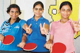 From left-Kirti Aggarwal, Shveta Lamba and Nirdosh Sood of BVM School who won the title in the Ludhiana Schools Inter-Zonal Table Tennis Tournament (u-17) held at Guru Nanak Stadium in Ludhiana on Tuesday. 