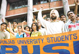 Activists of PUSU protest outside the Pharmacy Department, Panjab University, on Wednesday.
