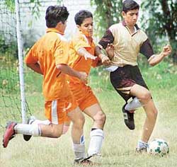 The CBSE Football Tournament (Cluster XIII) in progress at Satluj Public School, Pinjore, on Thursday.