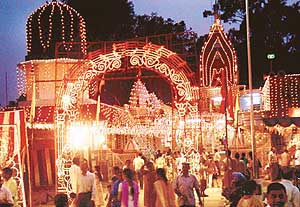 ALL RADIANCE AND SPLENDOUR: Lakshmi Narayan temple in Sector 20 decked up on the eve of Janmashtami on Thursday. 