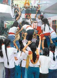 Students of Spring Dale Senior Secondary Public School break a pot of butter and milk on the eve of Janmashtami