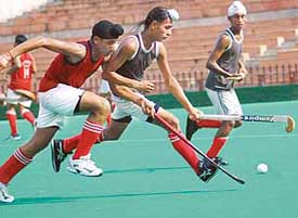 The final match between Surjit Academy, Jalandhar, and Rock Rovers, Chandigarh, in progress at the Sports Complex in Sector 42 in Chandigarh on Friday