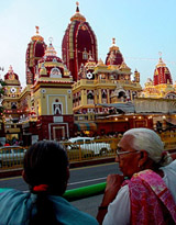 The decked-up Laxminarayan Temple attracts passers-by on the eve of Janmashtami in the Capital on Friday