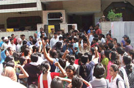 Some students of Miranda House college demonstrating against a landlord at Hudsun Lane in Delhi University on Friday for allegedly manhandling a fellow student living there as a tenant