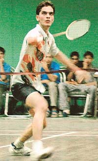 A player in action during the 39th Haryana State Senior Badminton Championship being held at Tau Devi Lal Complex, Panchkula