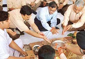 Senior officials of BEL participate in a havan at the inauguration of a new building block at Government Senior Secondary School, Sector 6, Panchkula