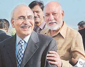 Syed Kamal Shah (left), Interior Secretary of Pakistan, is received by High Commissioner of Pakistan to India, Aziz Ahmed Khan on his arrival at IGI Airport in New Delhi on Saturday. 