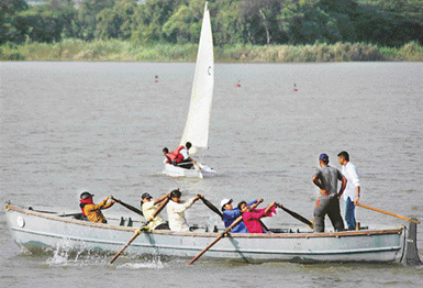 Players enjoy adventure sports on different kinds of boats which are visible these days at the Sukhna Lake in Chandigarh. 