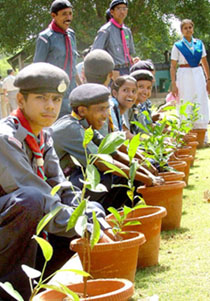 Schoolchildren planting saplings on the occasion of Van Mahotsav, organised by Rail Museum in the Capital.