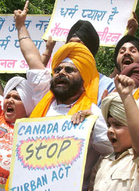 Activists under the banner of the National Akali Dal demonstrate against the Canadian government in New Delhi on Sunday