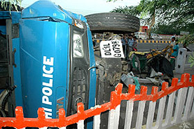Five persons were killed in a collision involving a Delhi Police truck and an auto at the ISBT flyover in the Capital on Monday