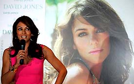 Actress Elizabeth Hurley addresses the public at the launch of her new Elizabeth Hurley beach range at a large department store in Sydney