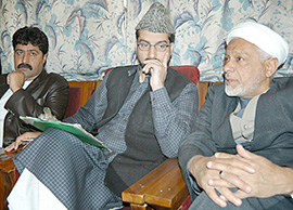 File photo of Hurriyat Conference Chairman Mirawaiz Umar Farooq with other leaders at a meeting at its headquarters in Srinagar.