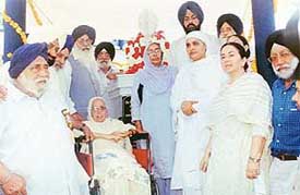 Mr Parkash Singh Badal, president, SAD, and Bibi Jagir Kaur along with Bibi Bhagwant Kaur, president, GNN College, Doraha, at the unveiling ceremony of a statue of Dr Ishwar Singh, late founder president of GNN College, on his 85th birth anniversary in Doraha on Wednesday. 