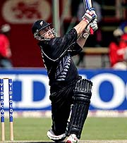 New Zealands Scott Styris plays a shot during their tri-series one-day international against Zimbabwe