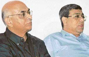 Mr Anil K. Khanna, president, Asian Tennis Federation (right), sits beside Mr Rajan Kashyap, Chairman, CLTA-10, at a press conference in the CLTA, Sector 10, Chandigarh, on Wednesday.
