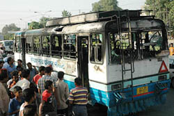 The Haryana Roadways bus which was torched by a Dalit mob on the GT Road in Phagwara on Thursday. 