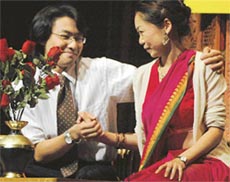 A scene from the play, Ek Raag Do Swar, by students of Osaka University, Japan, organised by Pracheen Kala Kendra at Tagore Theatre, Chandigarh, on Friday.