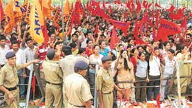 Supporters of the ABVP, HAS and PUSU at the Open House debate at the Students Centre in Panjab University, Chandigarh, on Friday.