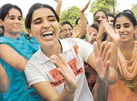 Jagpal Kaur, newly elected president of PUSU, celebrates her victory with her supporters at Government College for Girls, Sector 42, Chandigarh