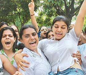 Jasmine Dhaliwal, Independent candidate, celebrates along with her supporters after winning the election of the College Students Council at Government College for Girls, Sector 11, Chandigarh