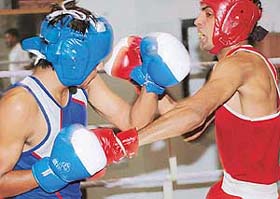 Bout between Mohit and Sanjay in progress during Chandigarh Senior State Boxing Championship held at Sports Complex, Sector 42, Chandigarh