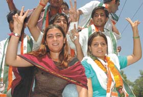 Newly elected DUSU president Ragini Nayak along with other elected office-bearers being felicitated by their supporters in the Capital