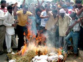 Dalits burn an effigy of the Haryana Government in Chandigarh on Sunday to protest against the Gohana violence.