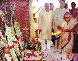 Delhi Chief Minister Sheila Dikshit performing puja at a bhumi pujan function for a Ram Lila at Subhash Maidan in the Capital on Sunday. Lt.-Governor B.L. Joshi and Union Minister Kapil Sibal are also seen in the picture.