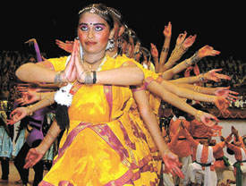 Schoolchildren performing a dance during the award ceremony held at Talkatora Stadium in the Capital on Monday
