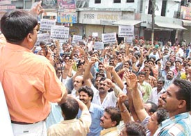 A scene of a rally organised by Dalits against the Gohana incident at the Clock Tower chowk