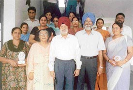 The chief guest, Dr Inderpal Singh, with teachers honoured at the Doraha College of Education on Monday