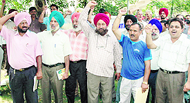 Executives of BSNLEA and Sanchar Nigam Executive Association under the banner of United Forum raised slogans in front of the office of the Chief GMT, Punjab Circle, Chandigarh, in support of their demands on Monday.