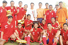 The jubilant team of Chandigarh Football Academy after winning the u-17 football title for Administrators Cup played in Chandigarh on Tuesday. A Tribune photograph