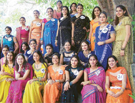 Students of the Government College for Women all dressed up for the welcome function organised in the college