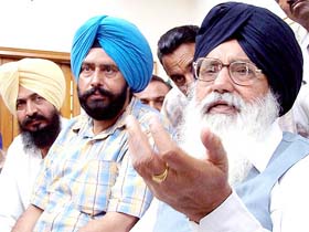 SAD president Parkash Singh Badal at a press conference in Bathinda