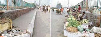 BEFORE CMS VISIT: Encroachments removed from the roadside outside New Sabzi Mandi; (right) encroachers return to the place soon after the Chief Ministers visit