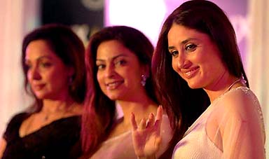 Cine beauties Hema Malini, Juhi Chawla and Kareena Kapoor join a show to celebrate 75 years of Lux in India in Mumbai on Friday