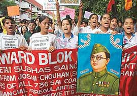 Children protest against the change of the name of the Sector 42 Sports Complex from Netaji Subhas Northern Centre, SAI, to Chaudhary Devi Lal Centre in Chandigarh