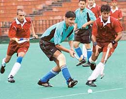 A hockey match between Maintenance Command and Eastern Air Command in progress at the Sector 42 Hockey Stadium in Chandigarh